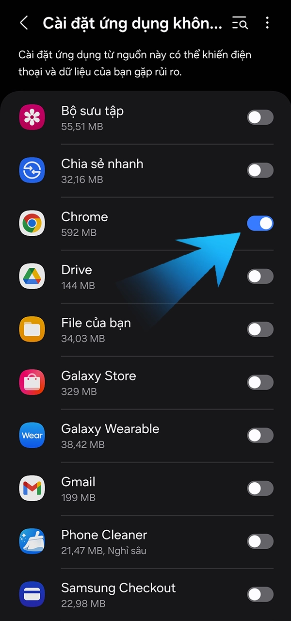 Cho phép cài đặt từ nguồn không xác định trong phần cài đặt để tải xuống ứng dụng 1Win.
