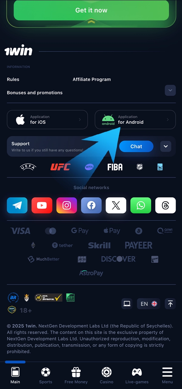 Nhấp vào nút "Tải xuống cho Android" trên trang web 1Win.