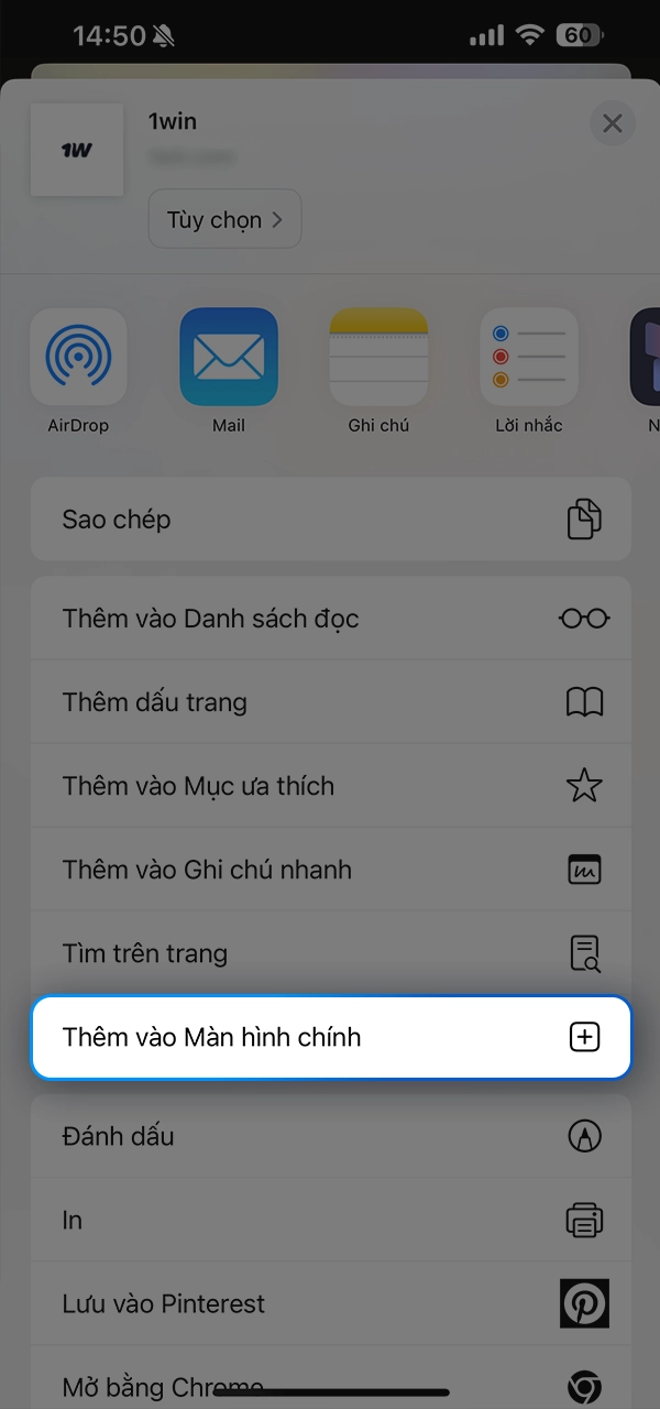 Nhấp vào nút này để thêm 1Win vào màn hình chính của bạn.