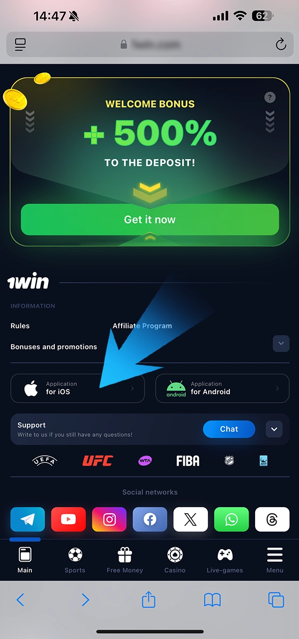 Tìm hiểu nơi tìm nút tải xuống ứng dụng 1Win trên iOS.