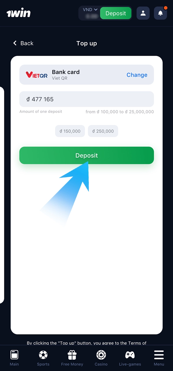 Nhập thông tin gửi tiền của bạn vào 1Win