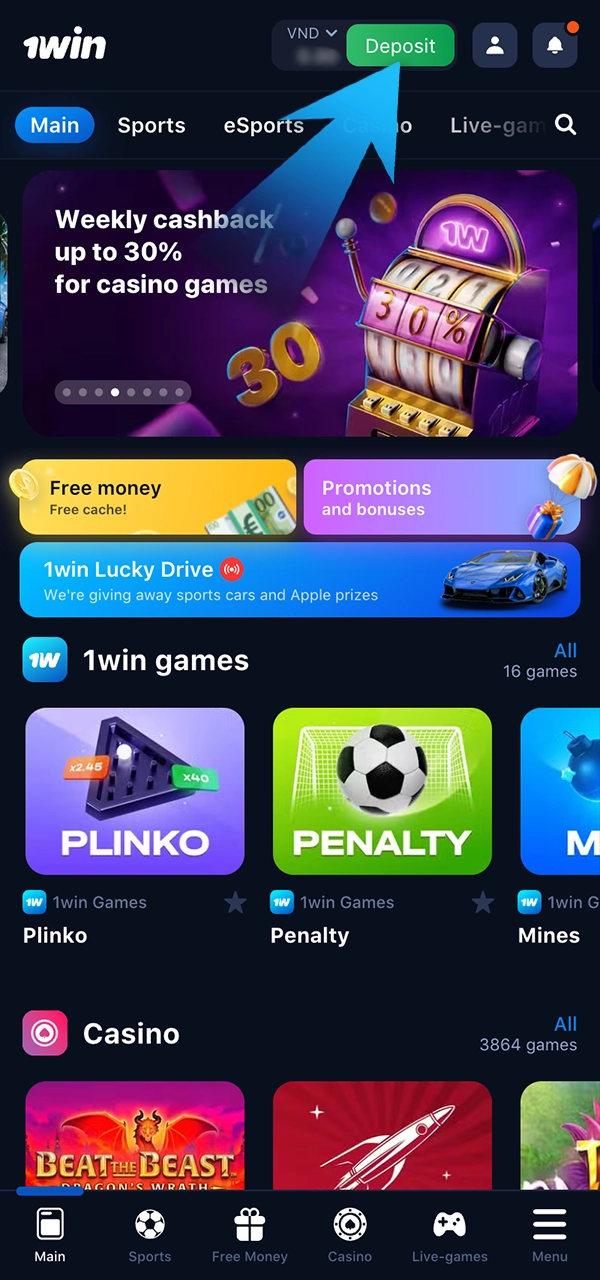 Tìm hiểu cách tìm nút gửi tiền trên 1Win.