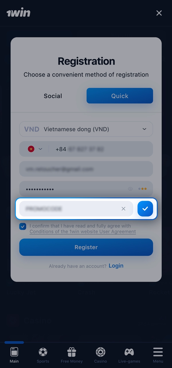 Trước khi hoàn tất đăng ký trên 1Win, hãy nhập mã khuyến mại.