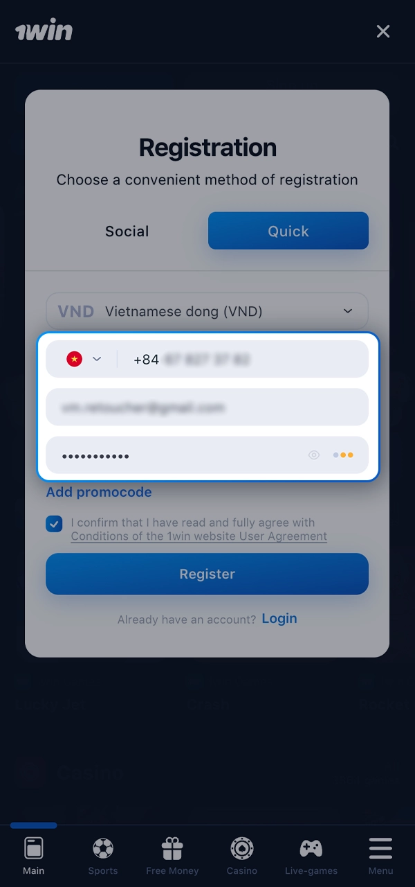 Tiếp tục đăng ký trên 1Win bằng cách điền vào biểu mẫu đặc biệt.