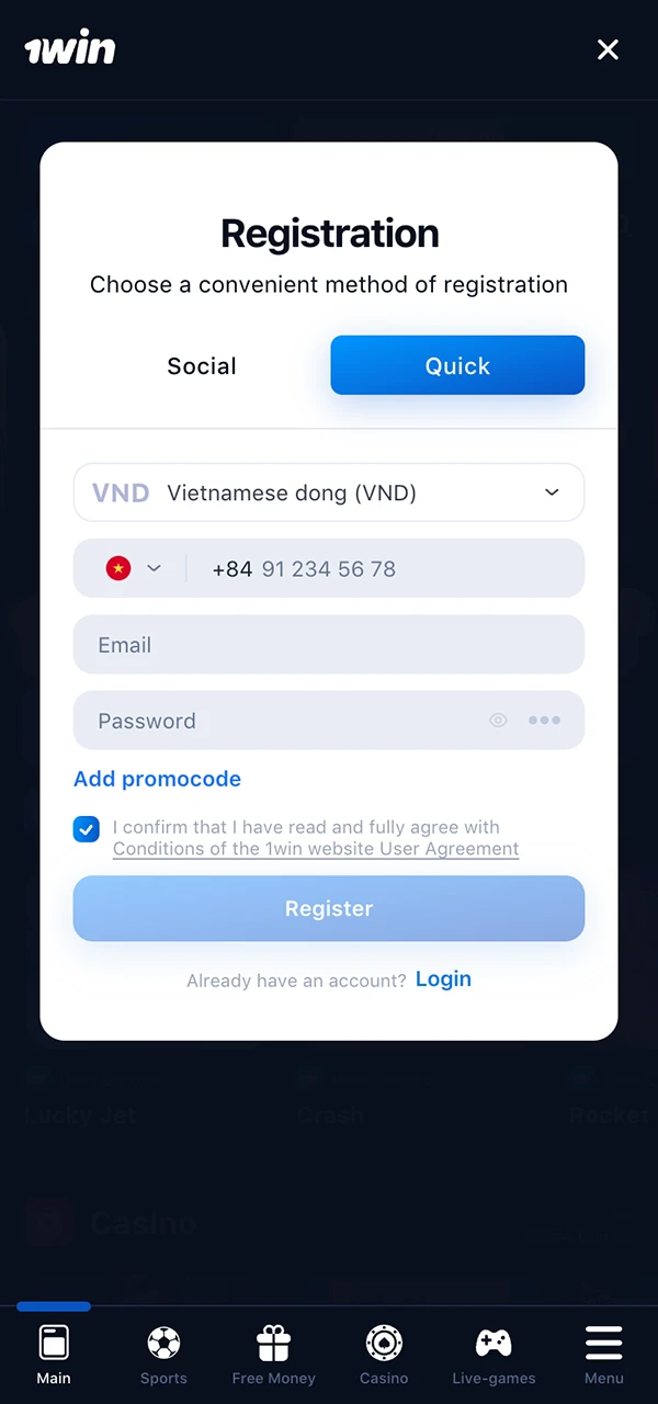 Chọn cách thuận tiện để đăng ký trên 1Win.