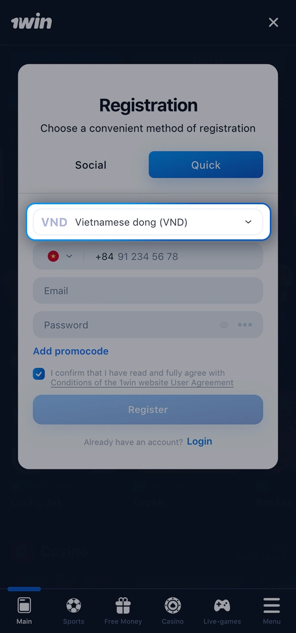 Chọn loại tiền tệ VND để đăng ký trên 1Win.